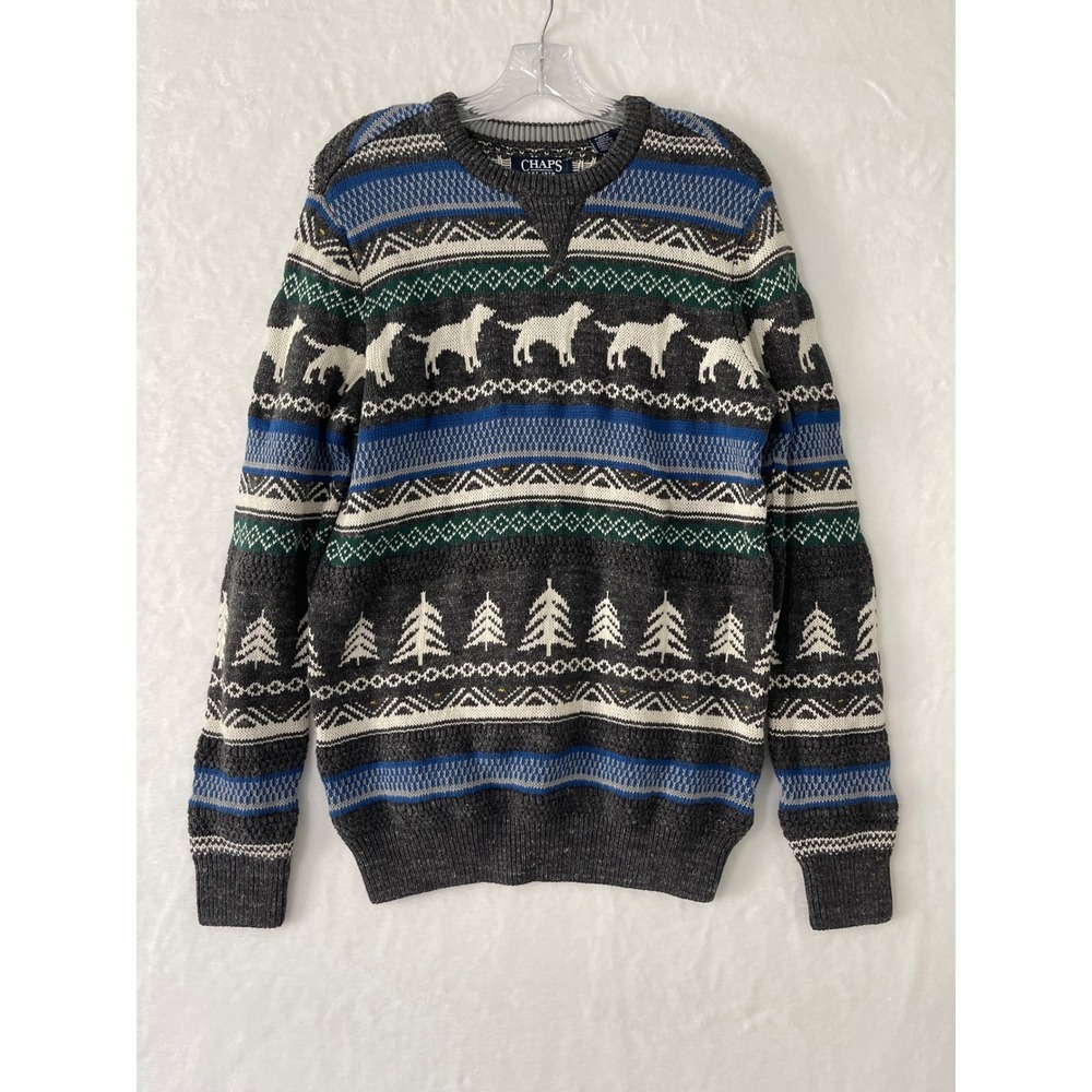 Chaps Mens Fair Isle Dog Pine Tree Sweater Grey Blue Cotton Blend Small Preppy